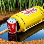 **A whimsical scene of Yellow and Red using a cork as a makeshift raft on a puddle, showcasing their ingenuity and adaptation. The background features a discarded soda can and other everyday objects, emphasizing their resourcefulness in a hostile environment. The style should be cartoonish, vibrant, and reminiscent of the "Larva" animation style.**