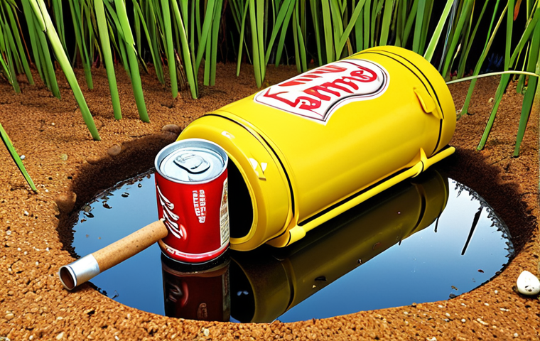 **A whimsical scene of Yellow and Red using a cork as a makeshift raft on a puddle, showcasing their ingenuity and adaptation. The background features a discarded soda can and other everyday objects, emphasizing their resourcefulness in a hostile environment. The style should be cartoonish, vibrant, and reminiscent of the "Larva" animation style.**
