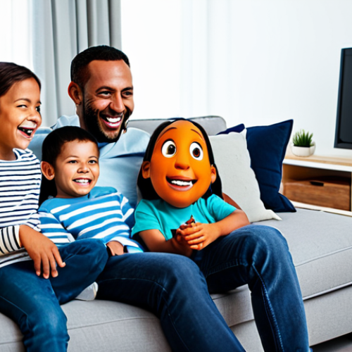 Home 6 A diverse family, including a mother, a father, and two children, sitting comfortably on a modern sofa in a brightly lit, contemporary living room. They are all fully clothed in modest, casual attire, smiling and laughing genuinely while watching a large television screen. On the screen, a vibrant, simple, and colorful animated worm-like character is humorously interacting with an everyday object, eliciting joy from the family. The image should be professional studio photography, high-resolution, with detailed textures and cinematic lighting. safe for work, appropriate content, fully clothed, family-friendly, perfect anatomy, correct proportions, natural pose, well-formed hands, proper finger count, natural body proportions, professional photography, high quality.