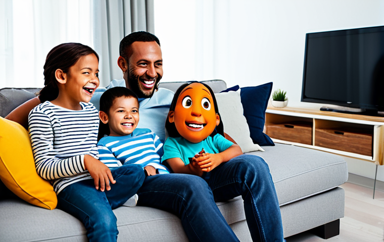 A diverse family, including a mother, a father, and two children, sitting comfortably on a modern sofa in a brightly lit, contemporary living room. They are all fully clothed in modest, casual attire, smiling and laughing genuinely while watching a large television screen. On the screen, a vibrant, simple, and colorful animated worm-like character is humorously interacting with an everyday object, eliciting joy from the family. The image should be professional studio photography, high-resolution, with detailed textures and cinematic lighting. safe for work, appropriate content, fully clothed, family-friendly, perfect anatomy, correct proportions, natural pose, well-formed hands, proper finger count, natural body proportions, professional photography, high quality.