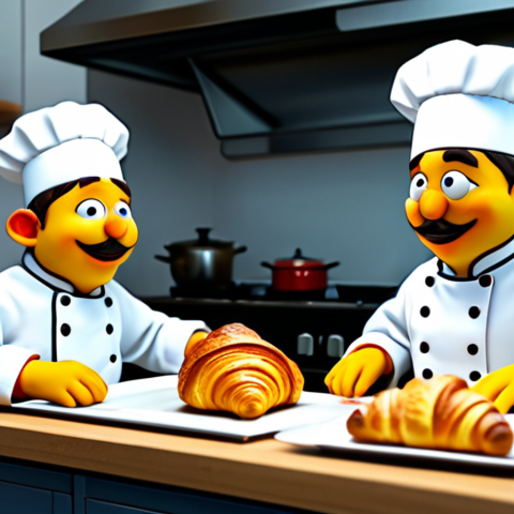 **

"Red and Yellow Larva, fully clothed in tiny chef hats and aprons, attempting to cook a croissant in a miniature Parisian kitchen. Safe for work, appropriate content, professional, perfect anatomy, natural proportions, high-quality animation style, family-friendly."

**