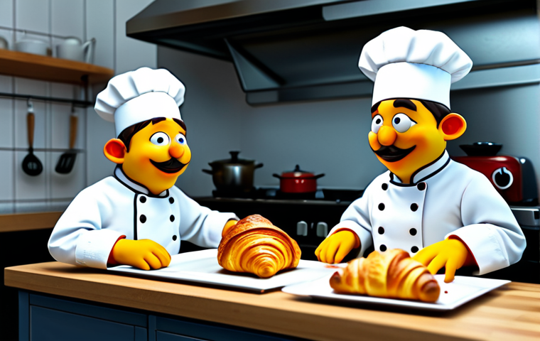**

"Red and Yellow Larva, fully clothed in tiny chef hats and aprons, attempting to cook a croissant in a miniature Parisian kitchen. Safe for work, appropriate content, professional, perfect anatomy, natural proportions, high-quality animation style, family-friendly."

**
