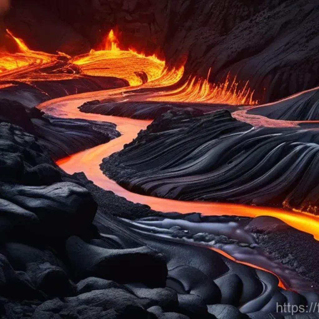 라바의 색감이 미치는 시각적 효과 - **Prompt 1: Fiery River of Molten Gold at Night**
    "A stunning aerial view of a powerful, vibrant...