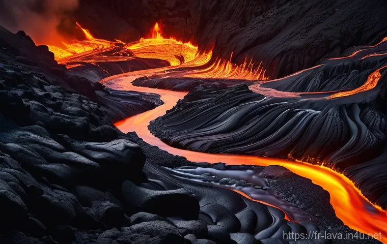 라바의 색감이 미치는 시각적 효과 - **Prompt 1: Fiery River of Molten Gold at Night**
    "A stunning aerial view of a powerful, vibrant...