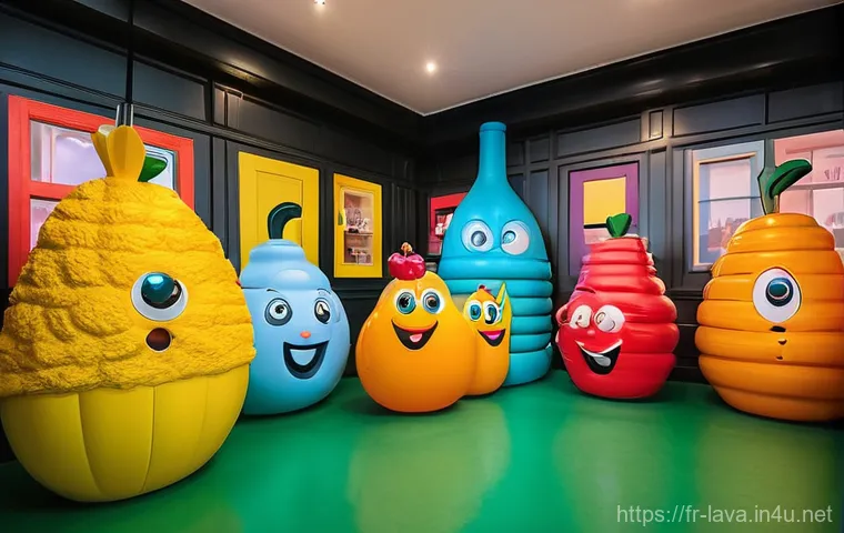 라바 테마의 방탈출 카페 리뷰 - **"An imaginative and humorous escape game puzzle in progress, set within an oversized, colorful env...