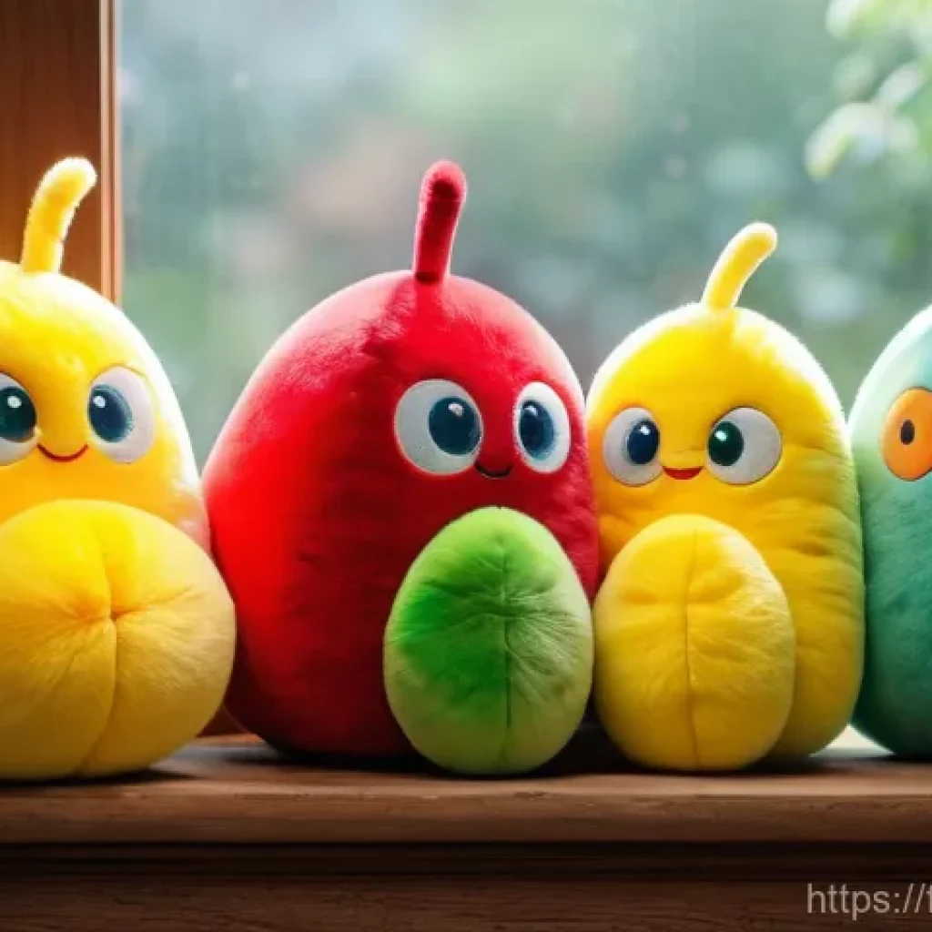 라바 굿즈의 인기 상품 - **Prompt 1: Cozy Larva Plush Companions**
    "A charming, soft, and vibrant image featuring a colle...