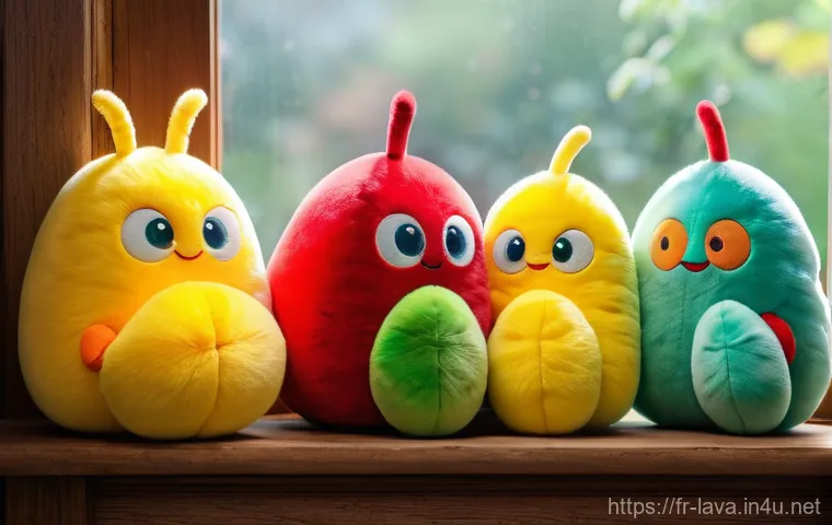 라바 굿즈의 인기 상품 - **Prompt 1: Cozy Larva Plush Companions**
"A charming, soft, and vibrant image featuring a colle...