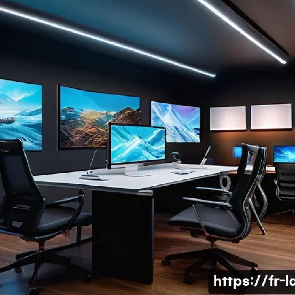 라바와 OTT 플랫폼 간 협력 - A futuristic animation studio workspace showcasing creative professionals collaborating on digital s...