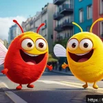 라바 캐릭터가 표현하는 감정의 종류 - A vibrant, close-up scene of two colorful cartoon larvae characters named Red and Yellow, wearing cu...