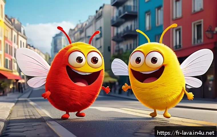 라바 캐릭터가 표현하는 감정의 종류 - A vibrant, close-up scene of two colorful cartoon larvae characters named Red and Yellow, wearing cu...