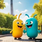 라바 에피소드의 사회적 의미 - A vibrant and playful scene featuring two colorful cartoon larvae characters in a lively urban park ...