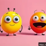 라바의 상업적 성공 요인 분석 - A vibrant and minimalistic cartoon scene featuring two expressive larva characters with simple, roun...