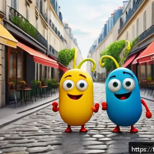 라바의 사회적 풍자 에피소드 - A humorous and expressive scene featuring two colorful cartoon larvae characters, one red and one ye...