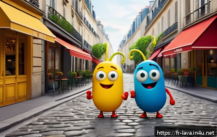 라바의 사회적 풍자 에피소드 - A humorous and expressive scene featuring two colorful cartoon larvae characters, one red and one ye...